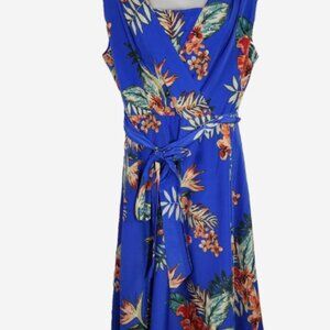Tahari ASL Blue Floral Faux Wrap Dress with Waist Tie - Size: 4